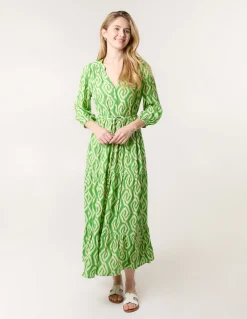 Abstract Button Front Belted Dress