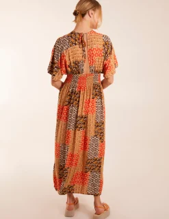 Abstract Patchwork Pattern V Neck Maxi Dress