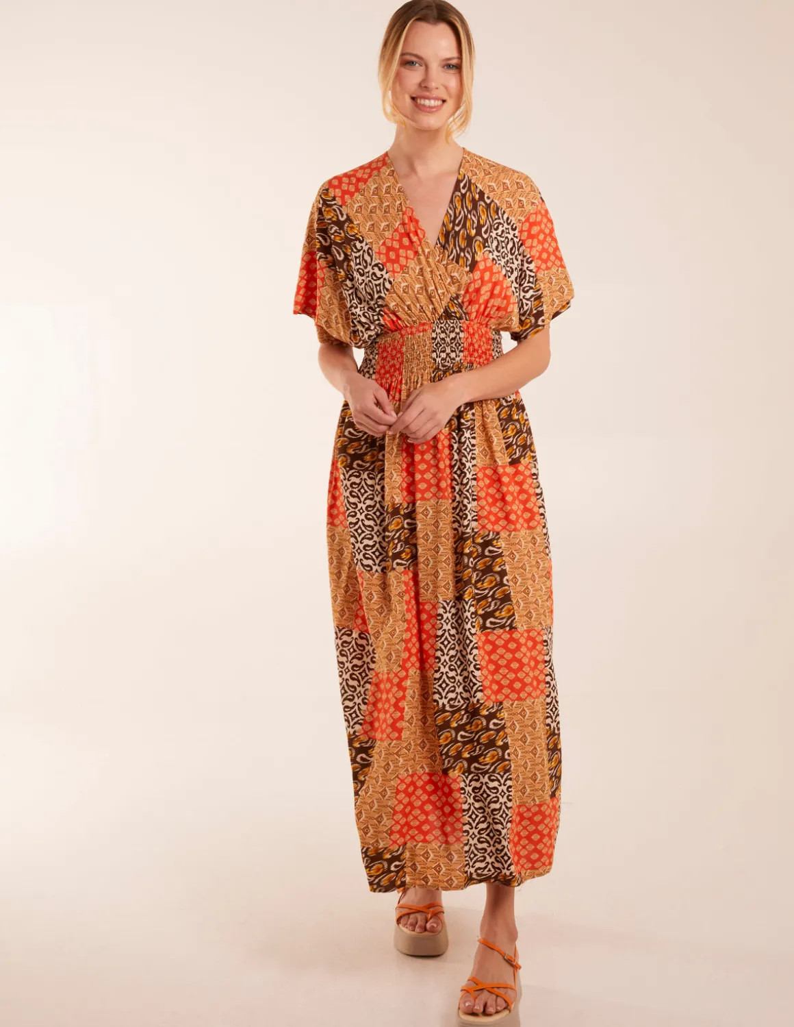 Abstract Patchwork Pattern V Neck Maxi Dress