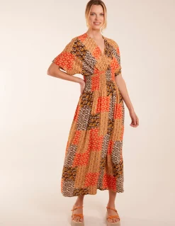 Abstract Patchwork Pattern V Neck Maxi Dress