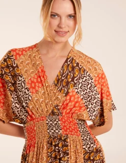 Abstract Patchwork Pattern V Neck Maxi Dress