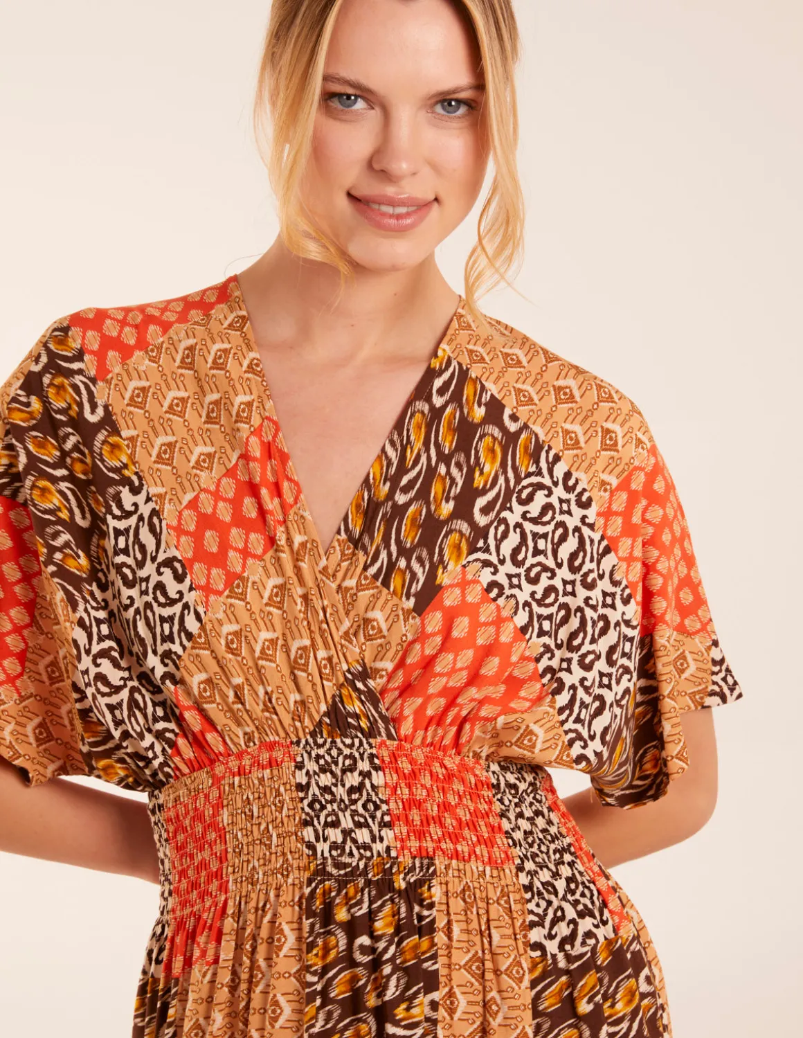 Abstract Patchwork Pattern V Neck Maxi Dress
