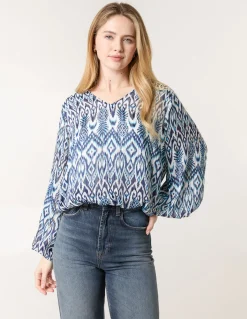 Abstract Printed V Neck Puffball Top