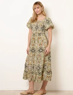 Abstract Print Puff Sleeve Midi Dress