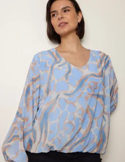 Abstract Print V Neck Puffball Top