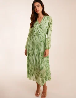 Abstract Wrap Pleated Midi Dress