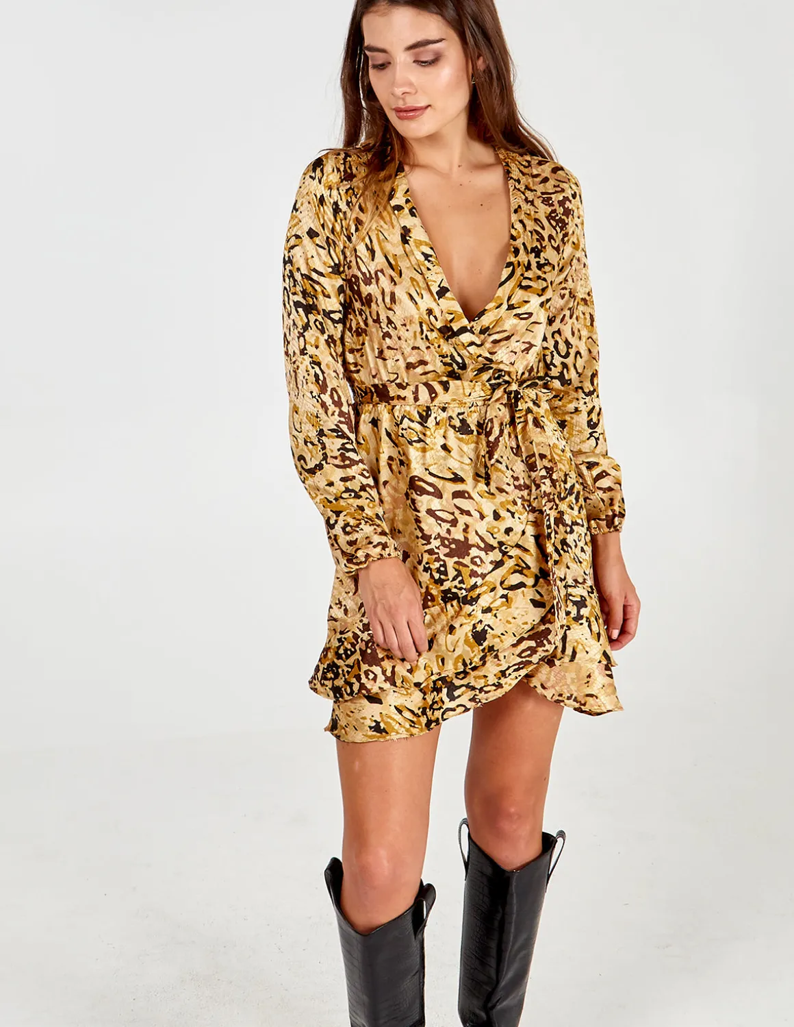 Animal Collared Wrap Dress