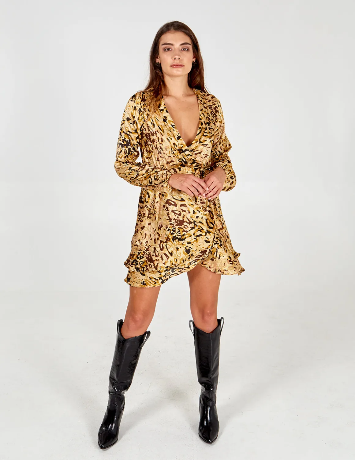 Animal Collared Wrap Dress
