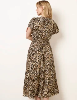 Animal Double Frill Shirred Waist Midi Dress