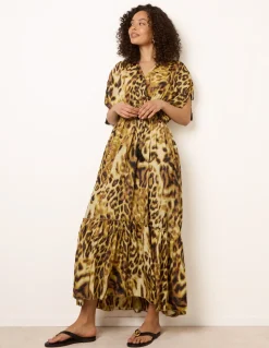 Animal Print Cross Over Channel Sleeve Kimono Maxi Dress