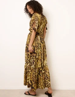 Animal Print Cross Over Channel Sleeve Kimono Maxi Dress