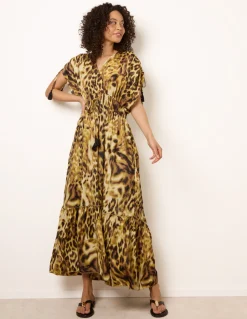 Animal Print Cross Over Channel Sleeve Kimono Maxi Dress