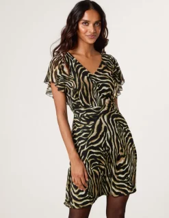 Animal Print Frill V Neck Mini Mesh Dress