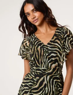 Animal Print Frill V Neck Mini Mesh Dress