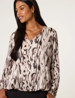 Animal Print Puffball V Neck Top