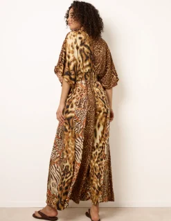 Animal Print Wide Leg Cross Over Jumpsuit
