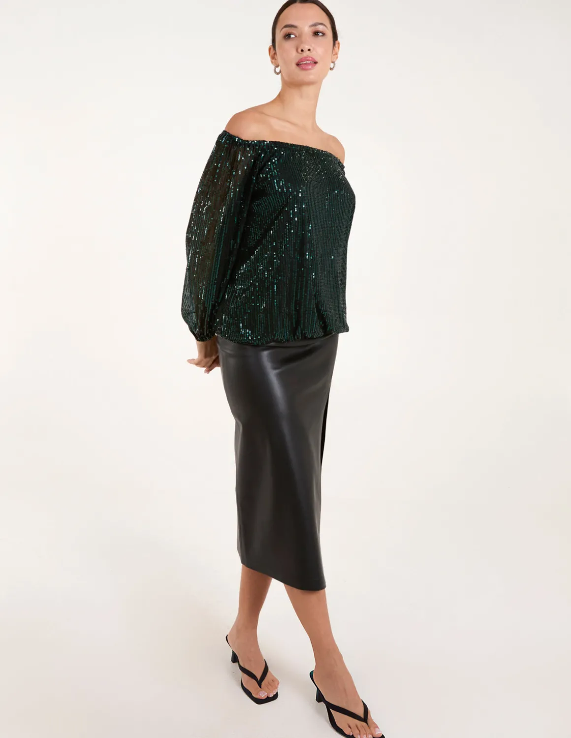 Bardot Elastic Neck Puffball Sequin Top