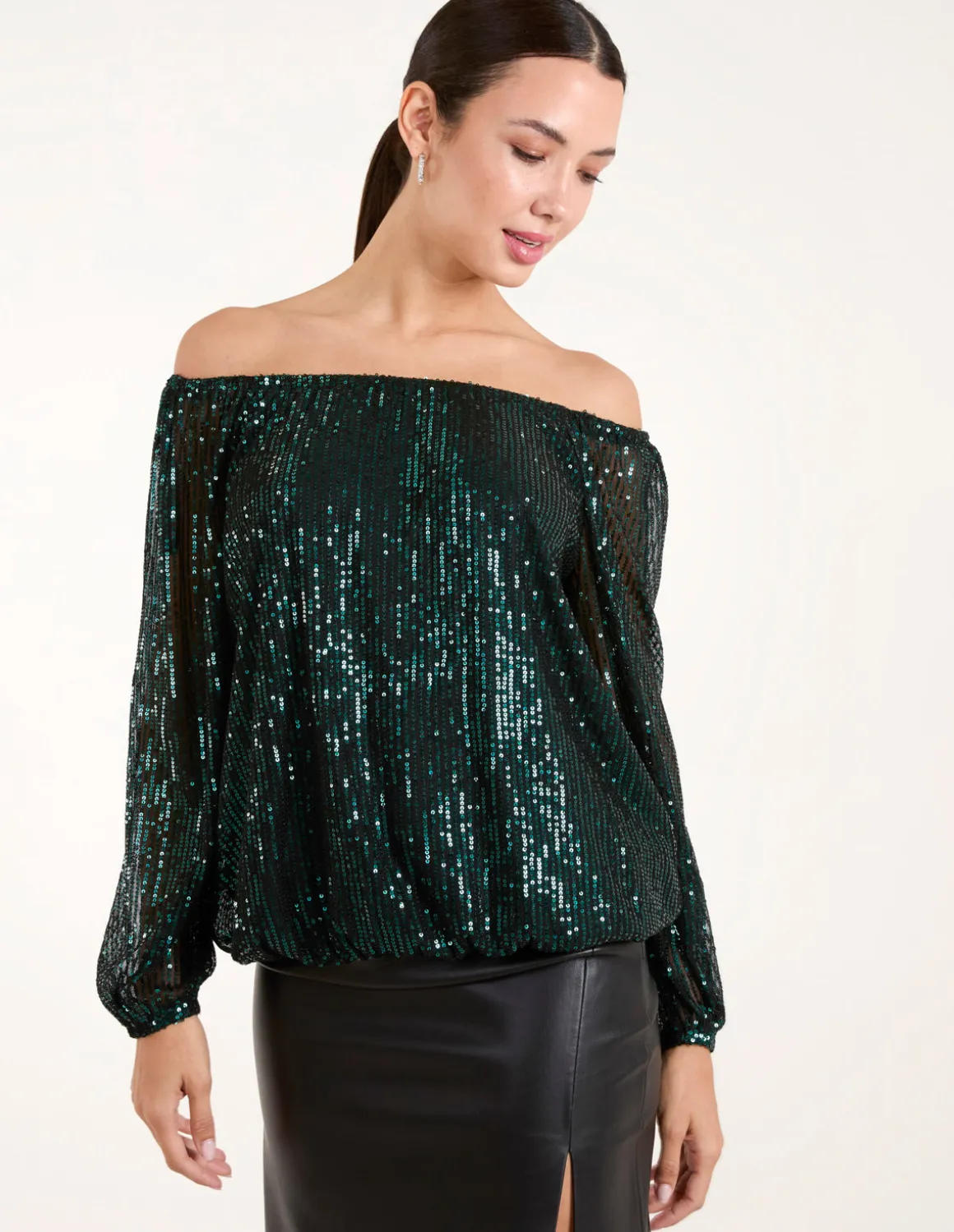 Bardot Elastic Neck Puffball Sequin Top