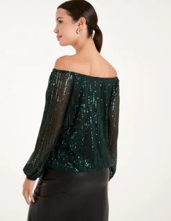 Bardot Elastic Neck Puffball Sequin Top