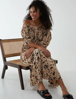 Bardot Midi Dress With Pleated Hem