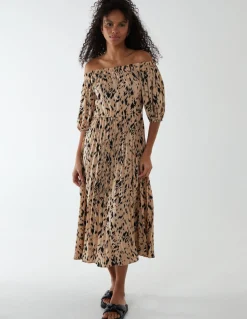 Bardot Midi Dress With Pleated Hem