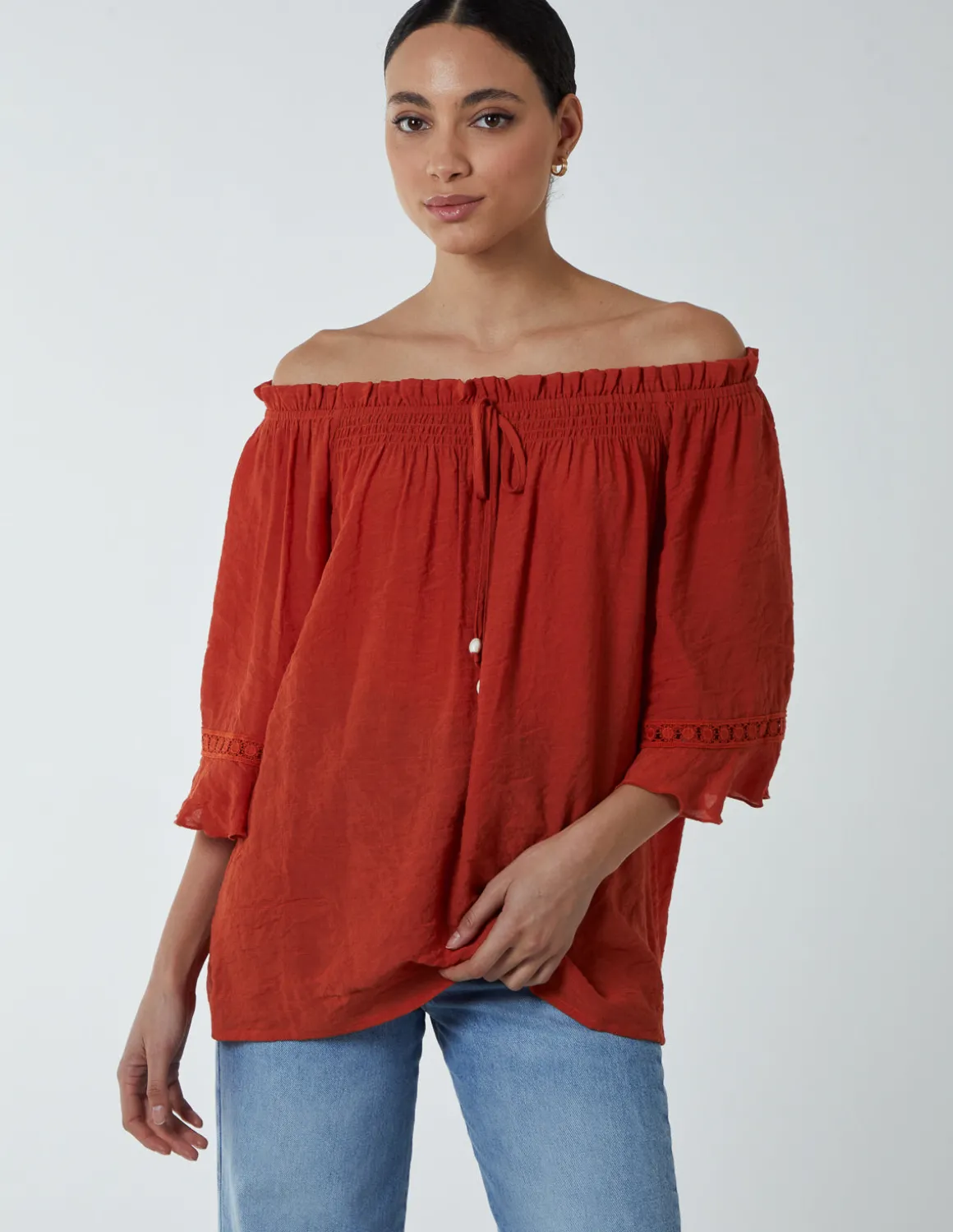 Bardot Tie Front Top
