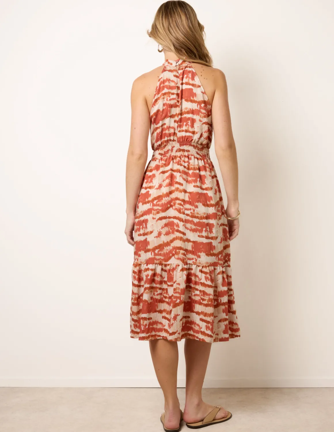 Blurred Tiered Halter Neck Midi Dress