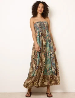 Bold Print Bandeau Shirred Maxi Dress