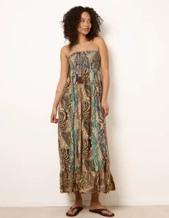 Bold Print Bandeau Shirred Maxi Dress