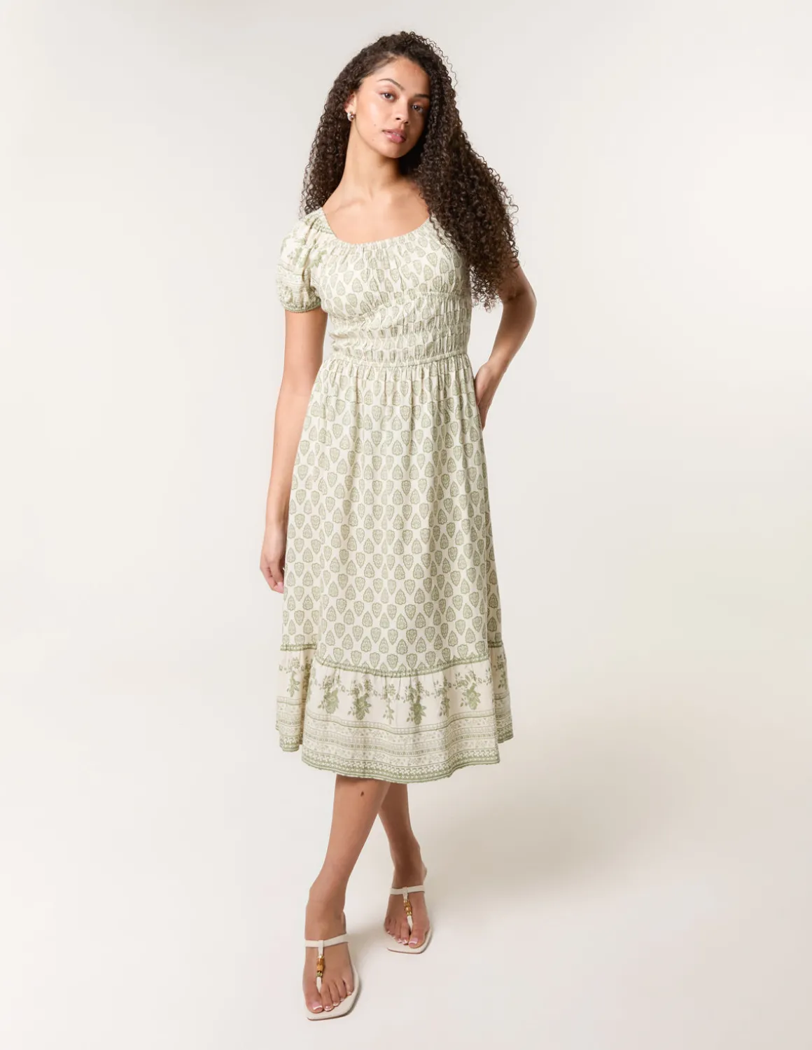 Border Print Puff Sleeve Midi Dress