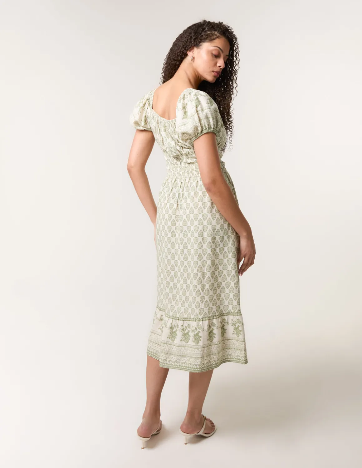 Border Print Puff Sleeve Midi Dress