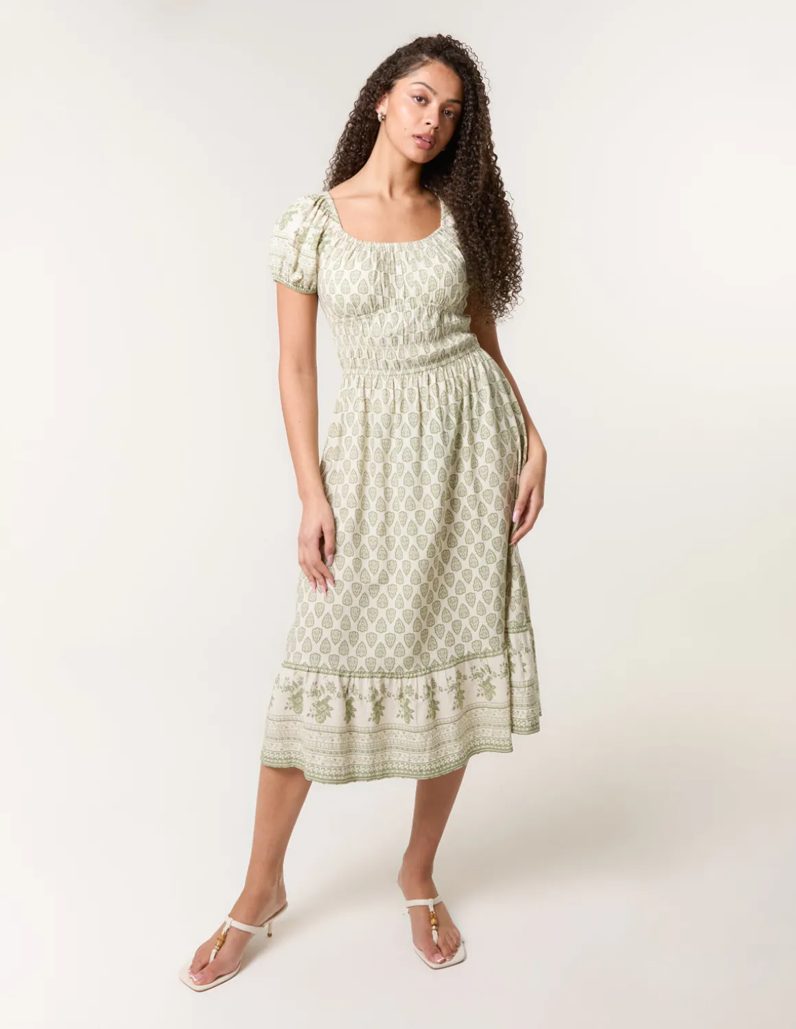 Border Print Puff Sleeve Midi Dress