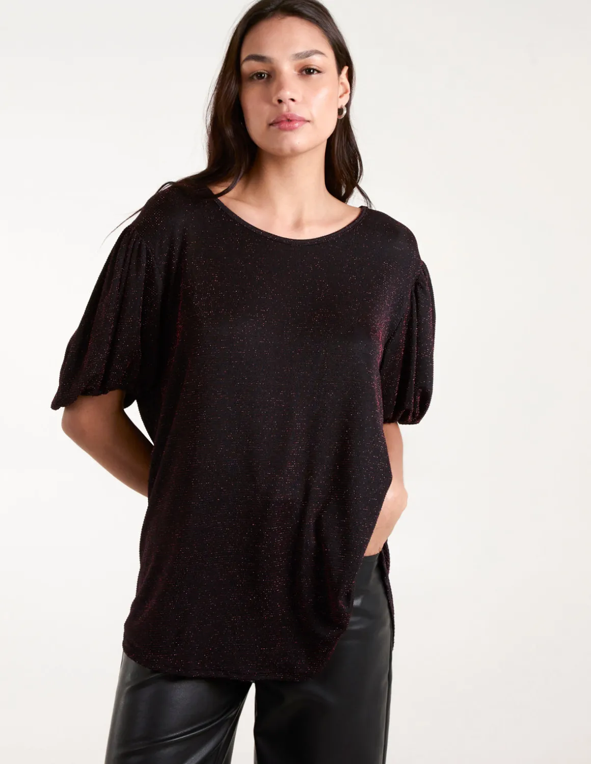 Bubble Sleeve Metallic High Low Top