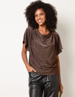 Button Detail Draped Cowl Neck Top