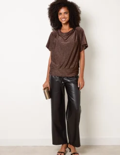Button Detail Draped Cowl Neck Top