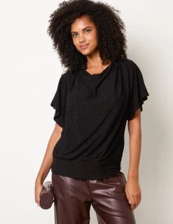 Button Detail Draped Cowl Neck Top
