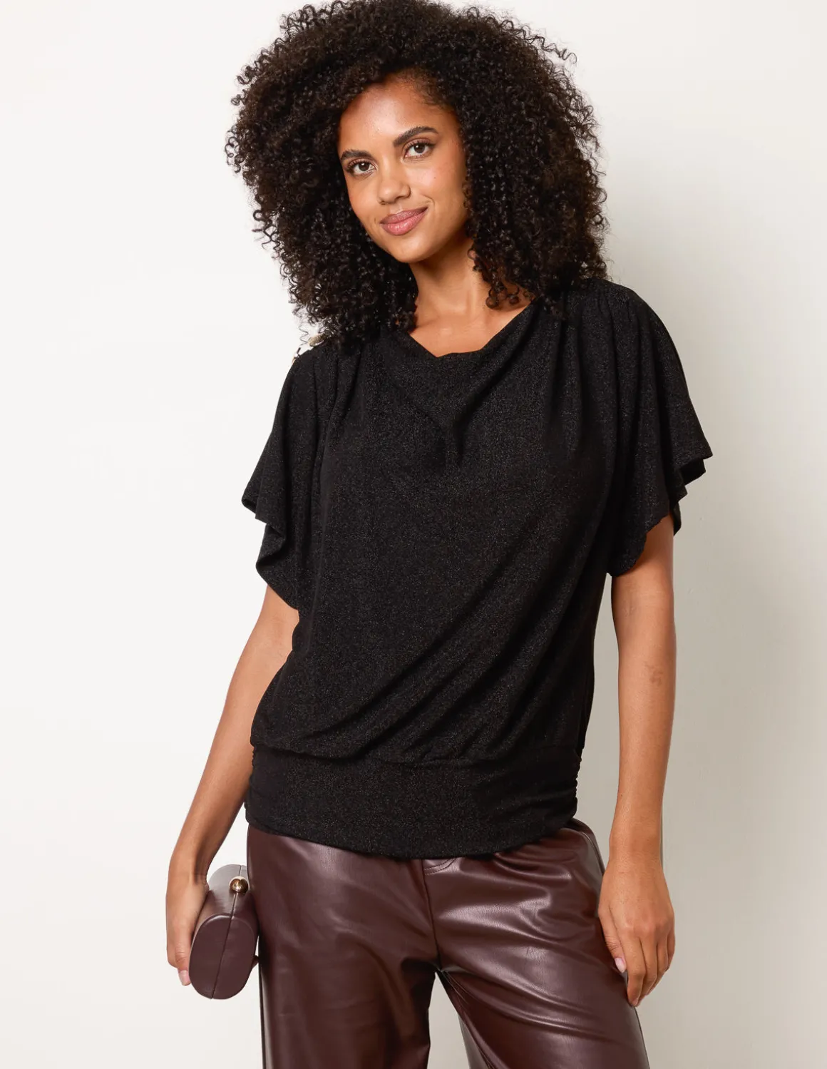Button Detail Draped Cowl Neck Top