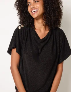 Button Detail Draped Cowl Neck Top