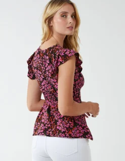 Button Front Floral Peplum Top