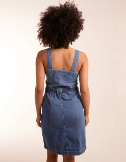 Button Front Pocket Denim Midi Dress