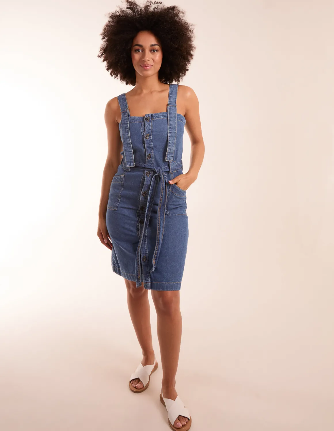 Button Front Pocket Denim Midi Dress