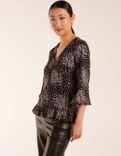 Button Front V Neck Flounce Blouse
