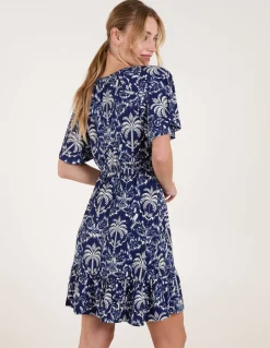 Button Through Elastic Waist Tropical Mini Dress