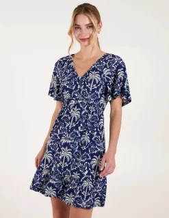 Button Through Elastic Waist Tropical Mini Dress
