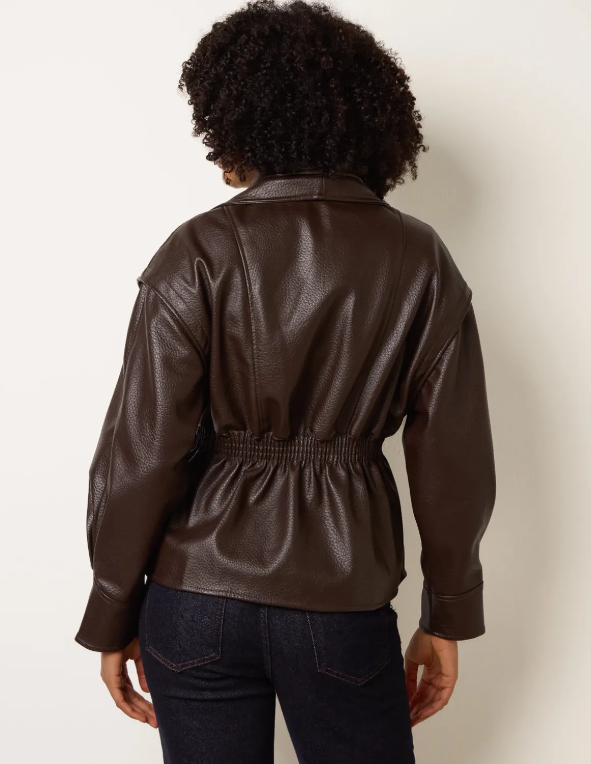 Collared Shirred Waist Faux Leather Jacket