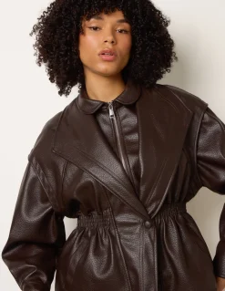 Collared Shirred Waist Faux Leather Jacket