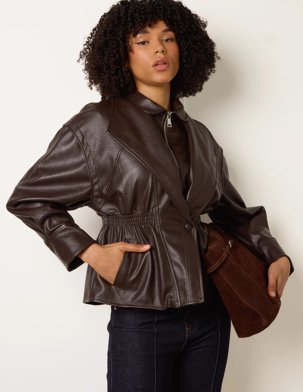 Collared Shirred Waist Faux Leather Jacket