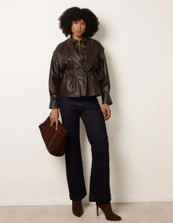 Collared Shirred Waist Faux Leather Jacket