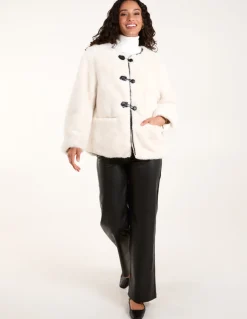 Collarless Toggle Detail Faux Fur Jacket