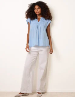Cotton Embroidery Detail Ruffle Sleeve Top